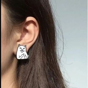 Cute Bad Kitty Naughty Kitty White Cat Middle Finger Stud Pierced Earrings